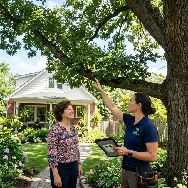 Arborist discussing a mature tree with a homeowner